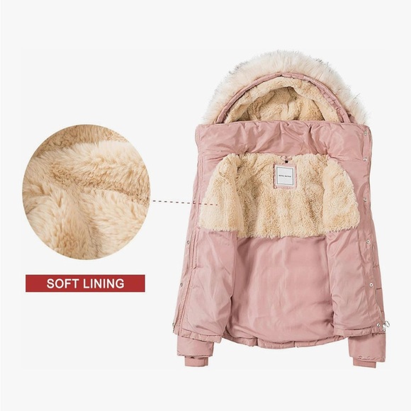 Women's Mauve Puffer Jacket with Faux Fur Trim - Picture 12 of 12